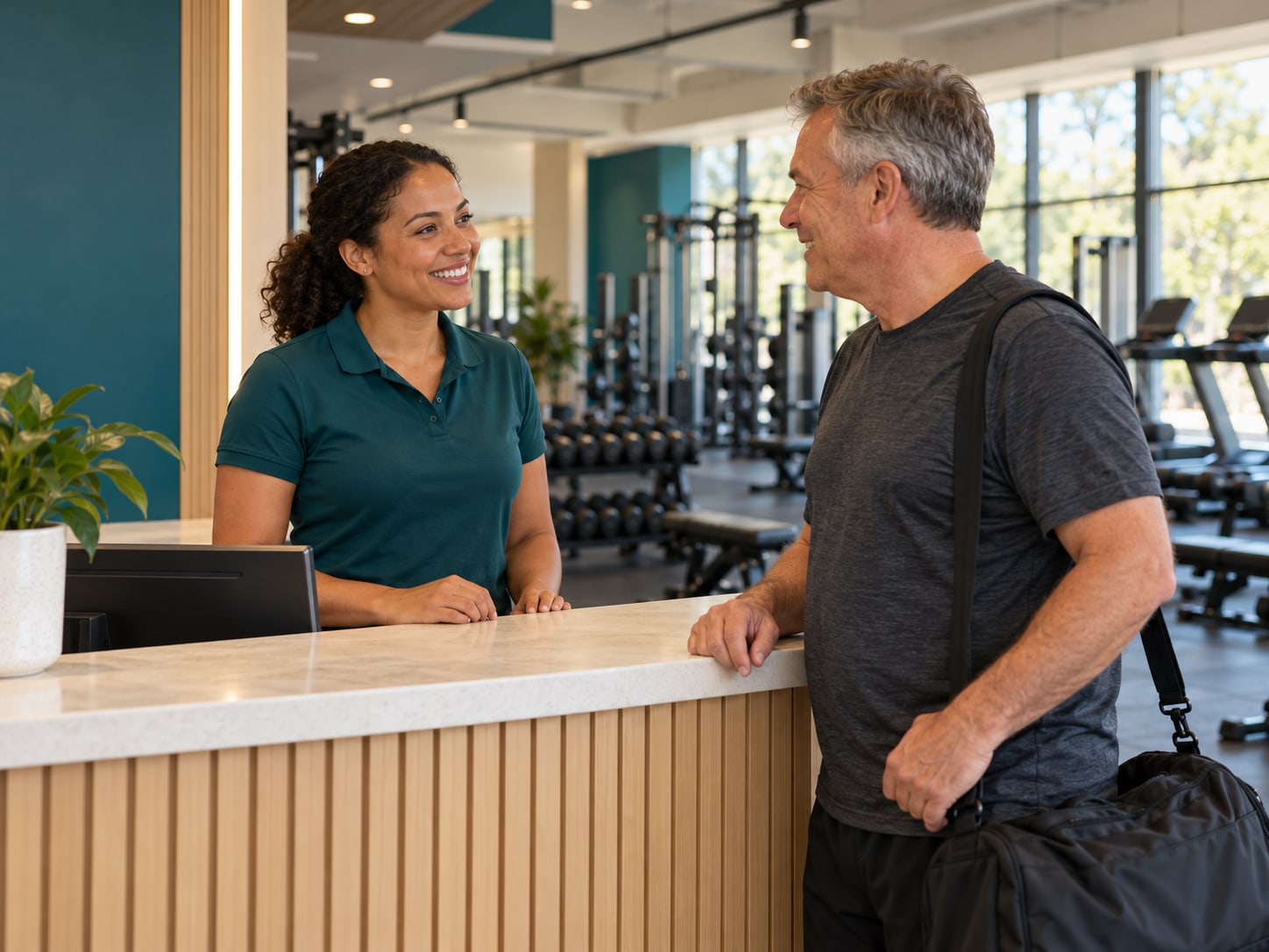 A gym team member in a teal polo smiling as she welcomes an older member at the reception desk, with the training floor behind them