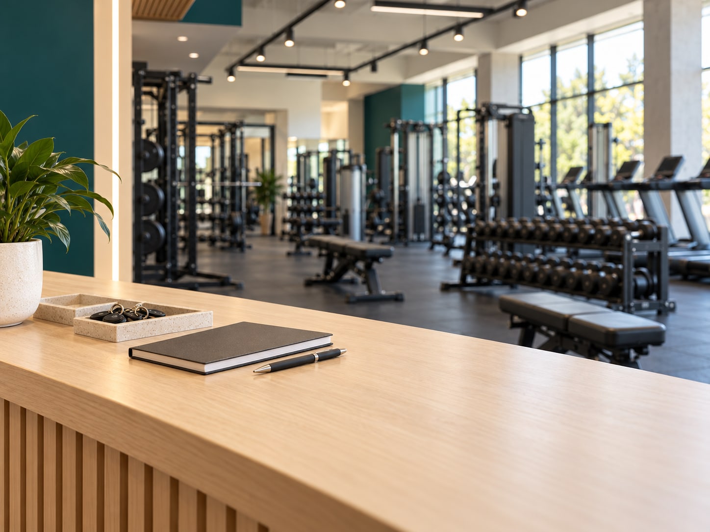 A timber front desk with a notebook, a pen and a tray of keys, and a bright gym floor beyond